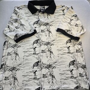 Vintage Avirex XL Polo Shirt All Over Print Tiger Bamboo Japanese Kanji 90s Y2K